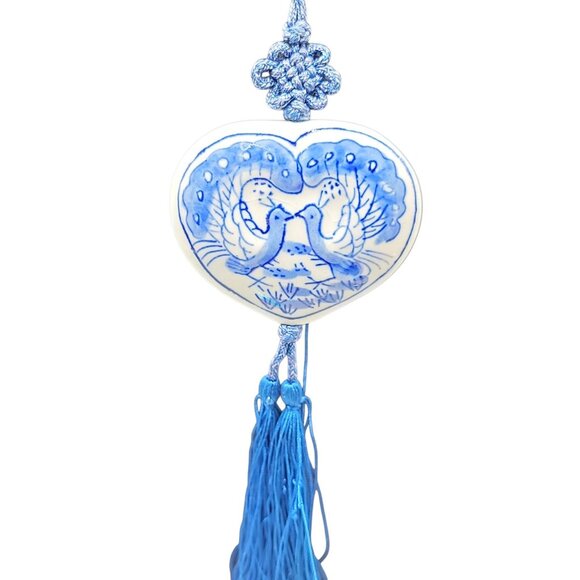 Flow Blue Peacock Love Ceramic Heart Pendant Necklace Vintage 26" Cord & Tassel - Picture 8 of 13